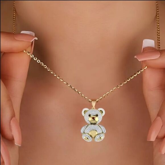 Cute Faux Diamond Bear Pendant Necklace - Picture 1 of 5